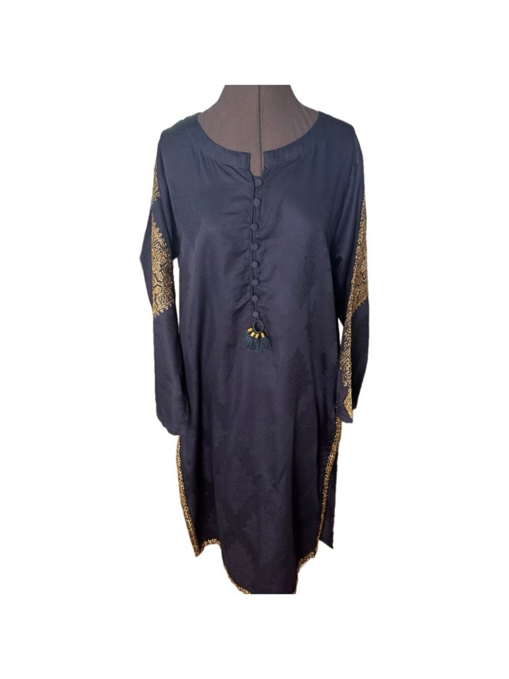 Khaadi V-Neck Longline Kurta Tunic Navy Blue Women’s Gold Medium